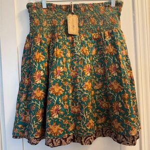 NATURAL LIFE Teal Floral Smocked Waist Skater Skirt reversible